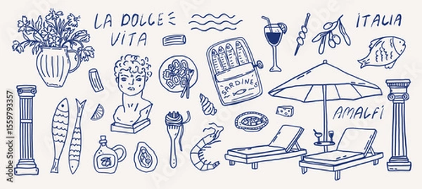 Fototapeta Whimsical Italian vacation vibes hand drawn set. Coastal mediterranean food party summer sketch of floral vase, statue, sardines and beach loungers. Wedding coquette elements for greeting card templat
