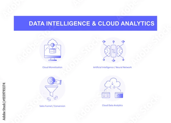 Fototapeta Data Intelligence and Cloud Analytics – Driving Growth with AI and Monetization Icons with editable stroke.
