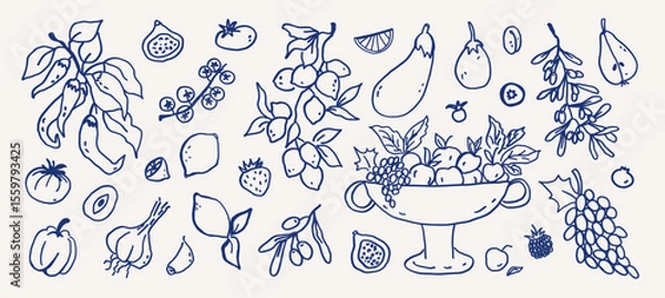 Fototapeta Summer fruits and vegetables whimsical hand drawn set. Whimsy coquette line art garden food - tomatoes, lemons, olives, garlic, bell pepper and fruit vase vector outline sketch illustration