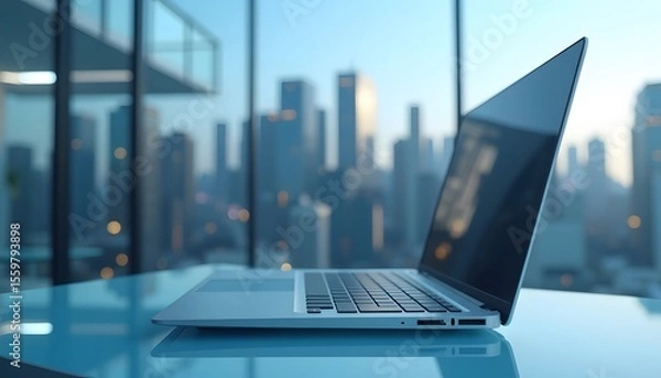 Obraz Modern Laptop on Desk in Office with City Skyline View