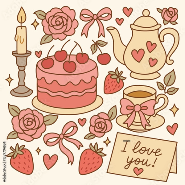 Obraz Set of hand drawn coquette elements for Valentines day. Collection of hand-drawn, romantic illustrations in soft pink tones. It includes various elements commonly associated with love and affection.