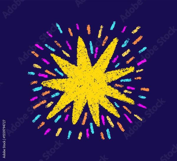 Obraz Crayon doodle firework symbol. Hand drawn firework pencil sketch. Chalk magic star sparkle. Crayon color texture starburst. Vector illustration on white background.
