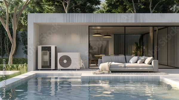 Fototapeta Modern air heat pump by a pool, blending efficiency with sleek outdoor design.