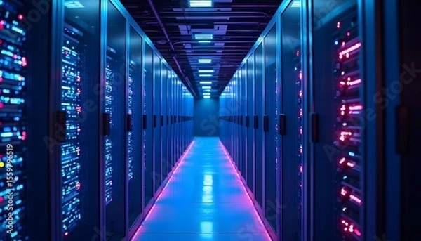 Obraz Data Center Server Racks with Blue and Pink Led Lights in Modern Technology Environment