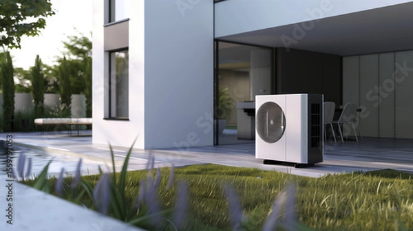 Fototapeta Modern air heat pump by a pool, blending efficiency with sleek outdoor design.