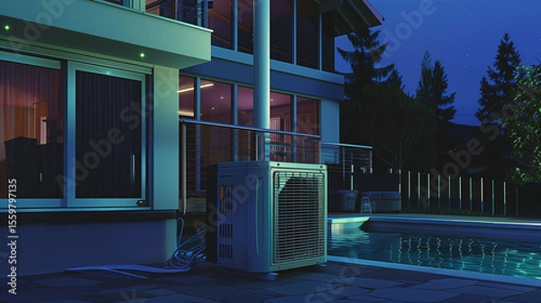 Fototapeta Modern air heat pump by a pool, blending efficiency with sleek outdoor design.
