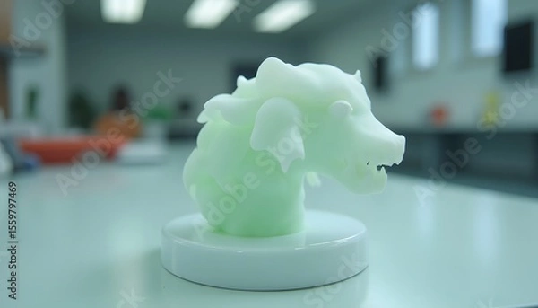 Obraz White 3d-printed Dragon Head Sculpture on Circular Base in Modern Laboratory