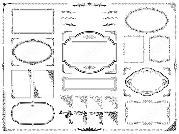 Obraz vintage frame set 2_black文字なし／サンプルテキスト・背景無しで使いやすい黒のビンテージフレームセット2