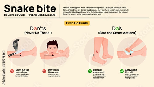 Obraz Snake Bite First Aid Infographic – Do’s and Don’ts and Emergency Response Steps