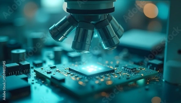 Obraz Microscope Focusing on Microchip in Laboratory Setting with Blue Lighting