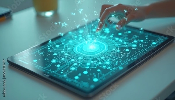 Obraz Futuristic Digital Interface on Tablet Screen with Holographic Touch in Modern Technology Environment