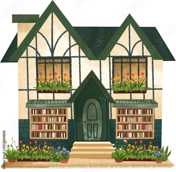 Fototapeta Quaint Tudor Style House with Bookcase Windows