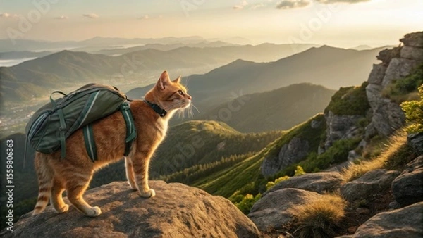 Obraz Orange tabby cat wearing green hiking backpack standing on rocky mountain summit overlooking layered mountain ranges during golden hour sunset with dramatic lighting