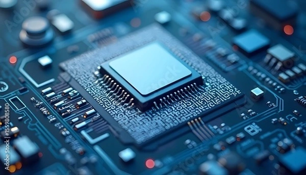 Obraz Close Up of Computer Microprocessor on Circuit Board in Blue Tones