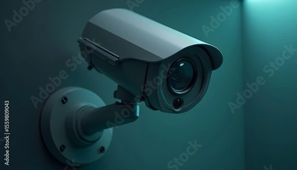 Obraz Security Camera Mounted on Wall in Low Light Surveillance Setting