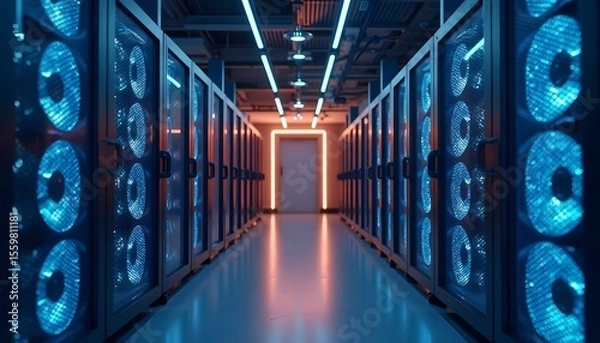 Obraz Data Center Server Room with Blue Led Lighting Modern Technology Environment