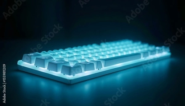Obraz Illuminated White Mechanical Keyboard with Blue Backlighting in Dark Environment
