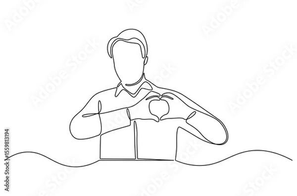Obraz Continuous one line drawing of Young man keeps hands on chest in heart shape sign. Single line drawing illustration of Good guy. Expresses sympathy concept vector art. Doodle line illustration.