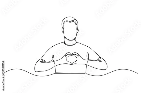 Obraz Continuous one line drawing of Young man keeps hands on chest in heart shape sign. Single line drawing illustration of Good guy. Expresses sympathy concept vector art. Doodle line illustration.
