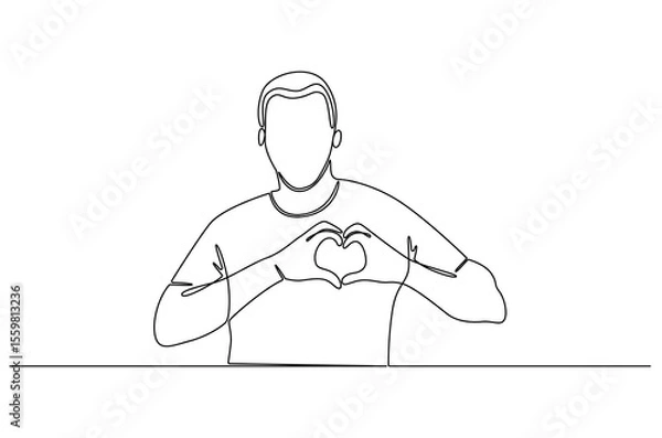 Obraz Continuous one line drawing of Young man keeps hands on chest in heart shape sign. Single line drawing illustration of Good guy. Expresses sympathy concept vector art. Doodle line illustration.