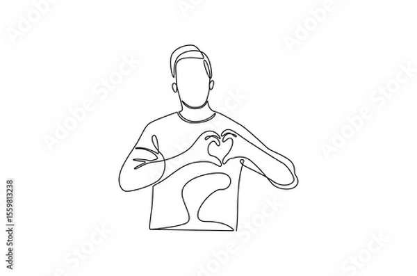 Obraz Continuous one line drawing of Young man keeps hands on chest in heart shape sign. Single line drawing illustration of Good guy. Expresses sympathy concept vector art. Doodle line illustration.