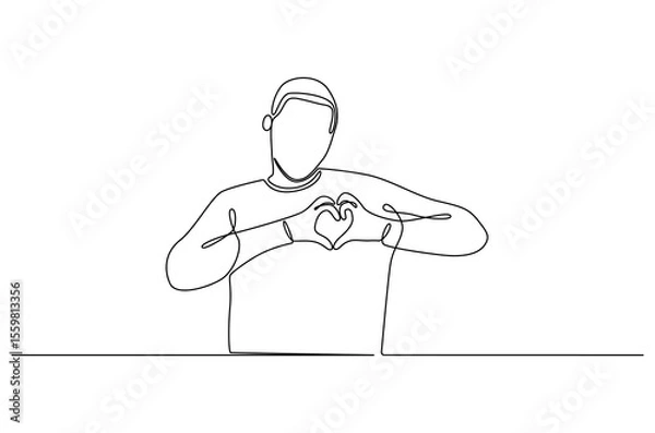 Obraz Continuous one line drawing of Young man keeps hands on chest in heart shape sign. Single line drawing illustration of Good guy. Expresses sympathy concept vector art. Doodle line illustration.