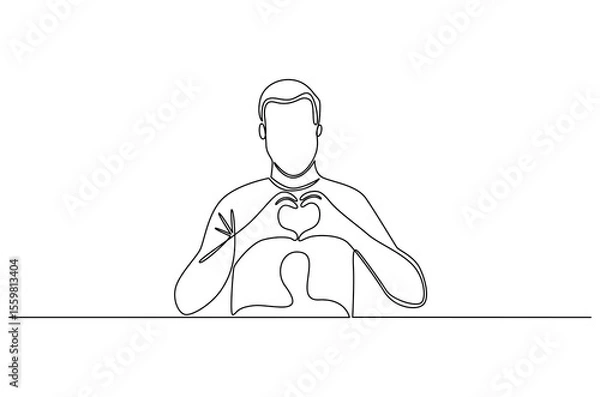 Obraz Continuous one line drawing of Young man keeps hands on chest in heart shape sign. Single line drawing illustration of Good guy. Expresses sympathy concept vector art. Doodle line illustration.