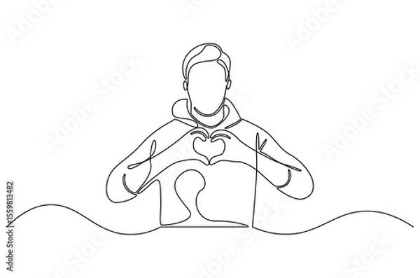 Obraz Continuous one line drawing of Young man keeps hands on chest in heart shape sign. Single line drawing illustration of Good guy. Expresses sympathy concept vector art. Doodle line illustration.
