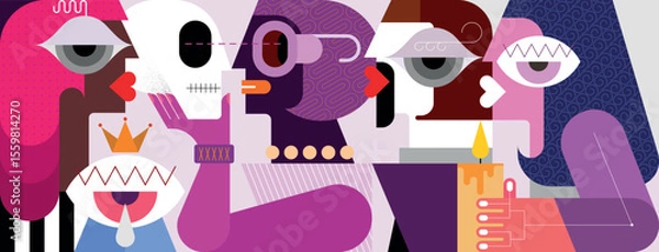 Fototapeta Vector illustration of a spiritualistic seance. A female medium conducts a séance for a group of people, holding a skull in her hand and looking into its eye sockets.