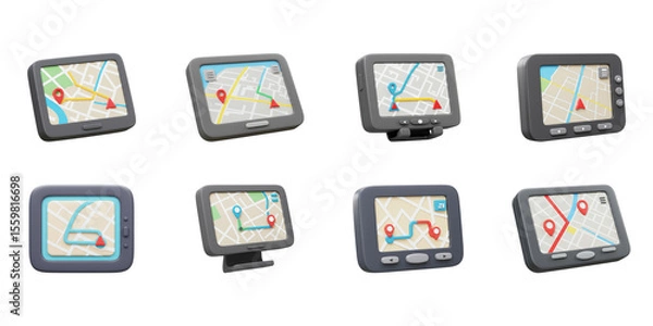 Obraz Navigation Array: A collection of GPS navigation devices showing diverse routes and destinations, symbolizing travel, technology, and modern wayfinding.