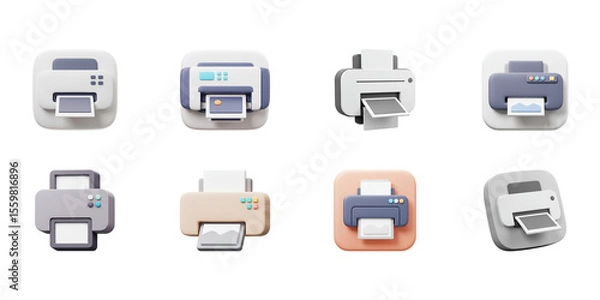 Obraz Printing Icons: A set of diverse printer icons showcase the versatility of modern printing technology, perfect for representing digital document output and office equipment.