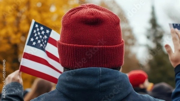 Obraz Crowd of spectators at a Veterans Day parade, waving flags in support