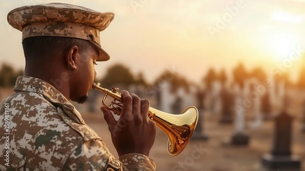 Obraz Military bugler playing  Taps  at a cemetery, paying respects on Veterans Day
