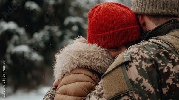 Obraz Military family hugging veteran at parade, symbolizing gratitude on Veterans Day