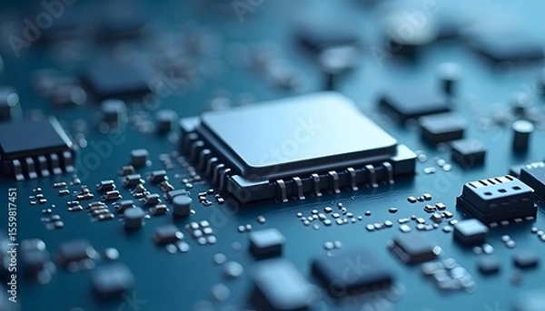 Obraz Close Up of Computer Microchip on Circuit Board in Modern Technology Setting