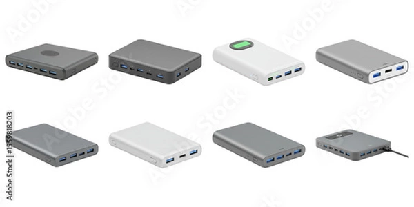 Obraz Power Bank Assortment: An array of meticulously crafted power banks, showcasing a range of sleek designs, highlighting the essence of portable power.