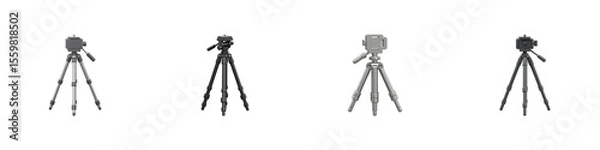 Obraz Miniature Tripods Set: Four small tripods in various shades of gray, perfect for tabletop photography or miniature scenes.