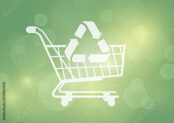 Fototapeta Sustainable shopping cart with recycling symbol on green background. Eco-friendly consumer concept illustration perfect for environmental retail campaigns and green commerce presentations. Vector