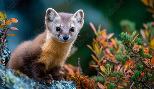 Fototapeta Portrait of young American marten sitting on rock. Animal looking at camera against green blurred background. Concept: animals in the wild. AI Generated