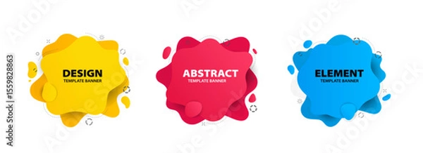 Fototapeta Colorful abstract fluid shape banners in yellow, red, and blue. Modern badges with vibrant geometric design. Liquid vector forms with space for text or quotes.
