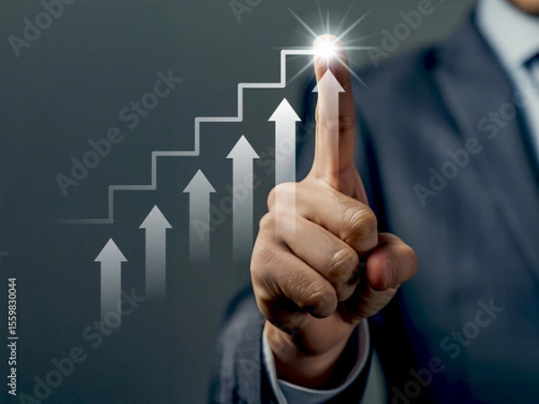 Fototapeta Businessman's hand touching a digital screen displaying a financial graph, symbolizing business growth and market success