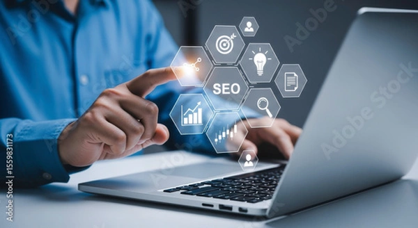 Fototapeta Seo optimization strategy digital marketing content online business website search engine ranking laptop