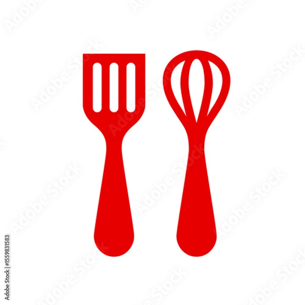 Obraz Kitchen utensils icon. Containing cutlery, spatula, frying pan, knife, spoon, fork, saucepan, bowl, plate, ladle, grater measuring spoons