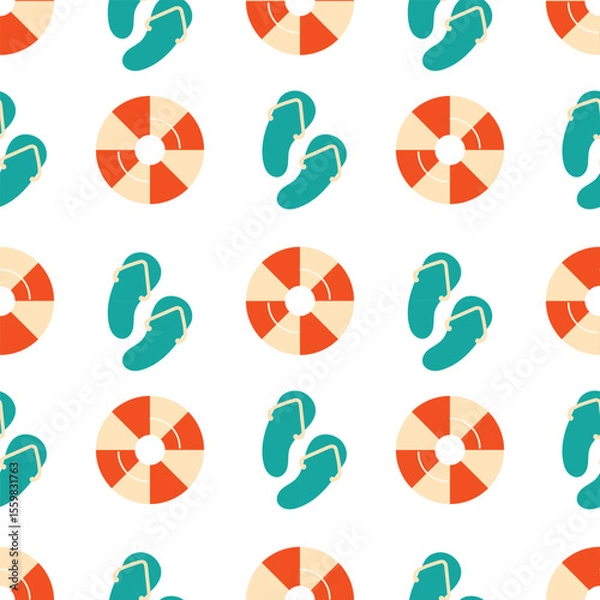 Fototapeta Hand-drawn slipper and rubber ring on a white background. Summer seamless pattern for clothing, fabric, wallpaper, backdrop, home decoration, cover book, and wall art.