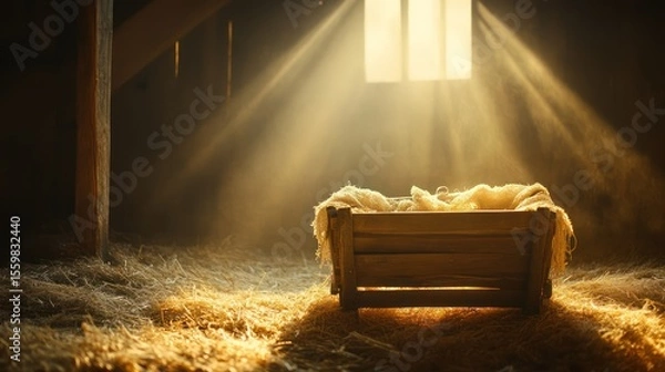 Obraz Dusty attic manger, sunlit window, hay, Christmas