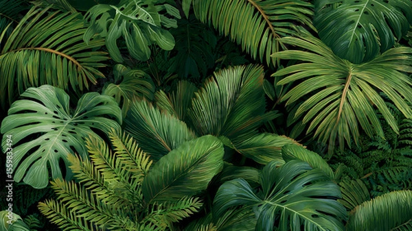 Fototapeta Lush tropical foliage with various green leaves depicting a natural jungle environment