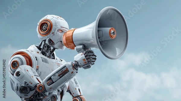 Fototapeta A futuristic AI robot agent uses a megaphone loudspeaker for broadcasting an announcement, advertising communication, and marketing with artificial intelligence and agentic autonomy AI robot, futurist
