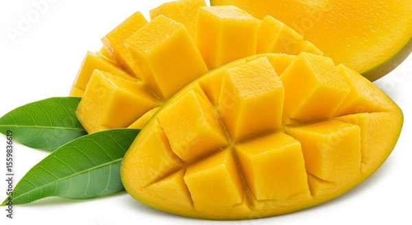 Fototapeta Sliced Ripe Mango with Leaves – Juicy, Sweet & Visually Appealing Tropical Fruit