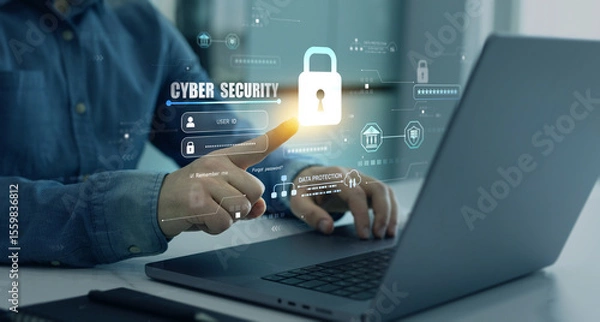 Fototapeta Protecting herself from cyber attacks. Documents confidentiality,cyber security protection concept. Software for security, searching and managing corporate document and employee information.