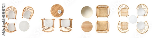 Fototapeta Top View Rattan Furniture Set: Chairs and Tables for Outdoor Patio, Isolated